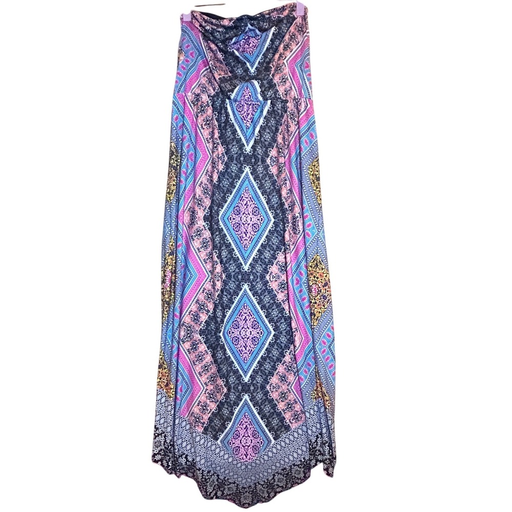 Bohemian Geometric Print Strapless Maxi Dress Coral Pink Blue Black Vacation Y2K